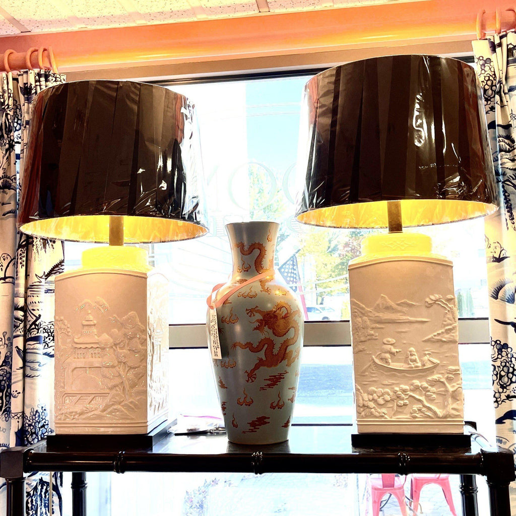 Vintage Pair of 29" Chinoiserie White Porcelain Tea Caddy Lamps by Room Tonic