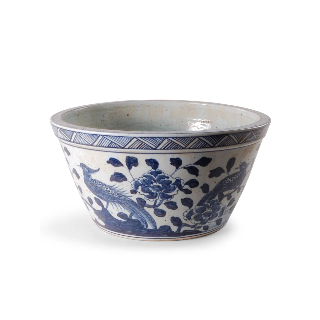 16" Blue & White 'Bird and Flower' Planter by Avala
