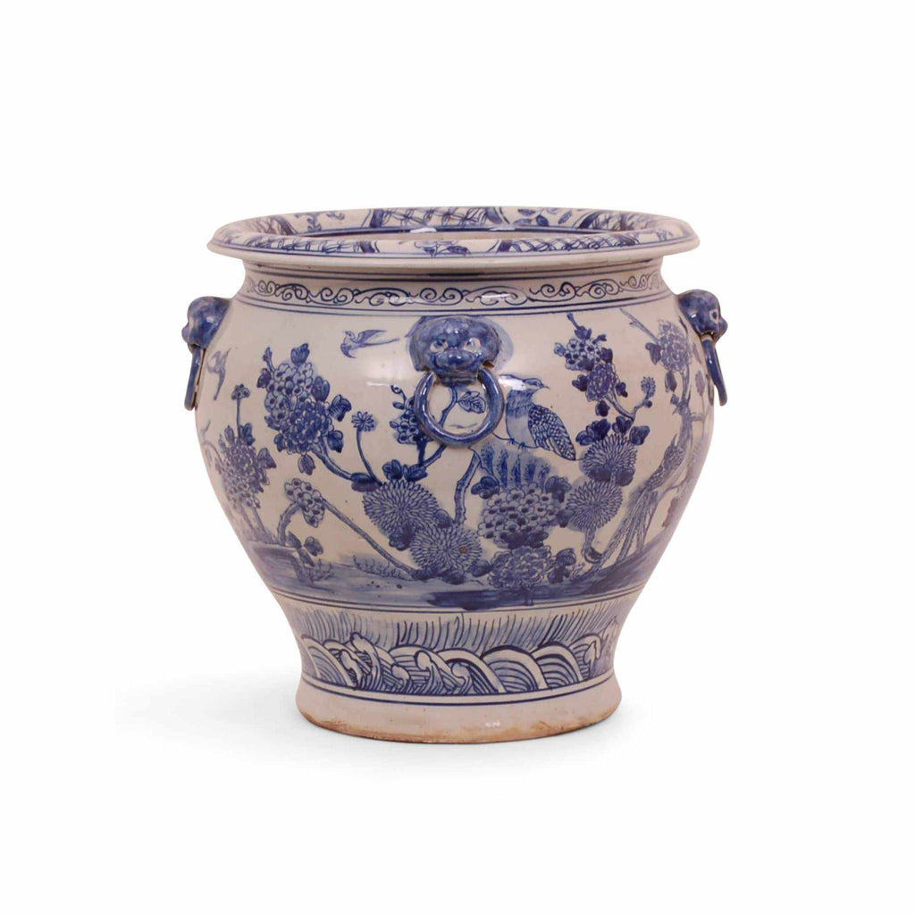 16" Blue & White Ovoid-Form 'Bird and Flowers' Planter by Avala