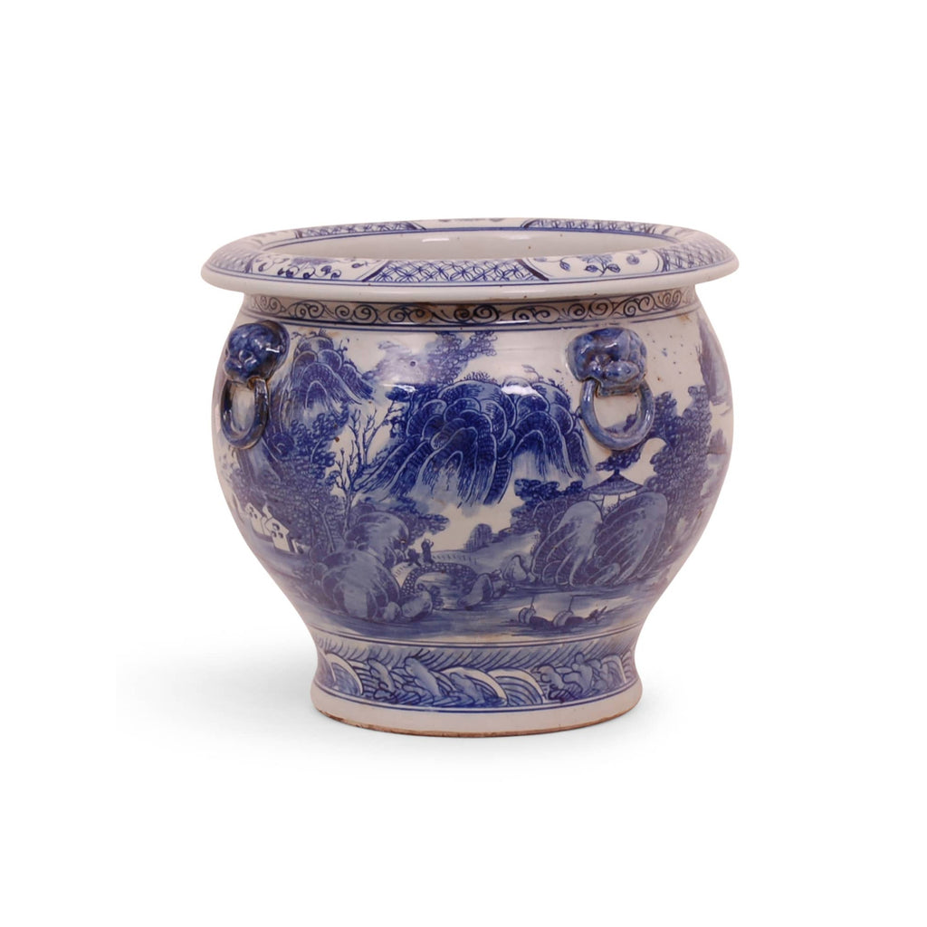 16" Blue & White Ovoid-Form Planter with 'Mountain and Riverscape' Scenes by Avala