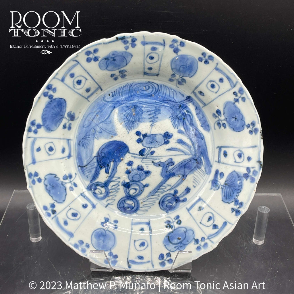 16th/17th C. Wanli Period Chinese Export Kraak Blue & White 'Deer' Plate, 8.25" DIA by Room Tonic
