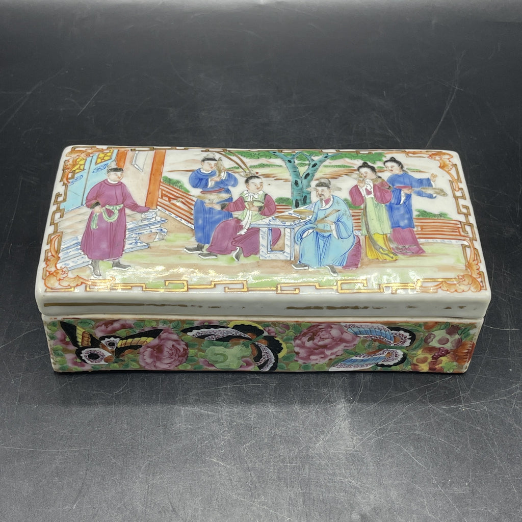 19th C. Chinese Export Canton Famille Rose Mandarin Box and Cover, ~8"L (Lot 374) by Room Tonic