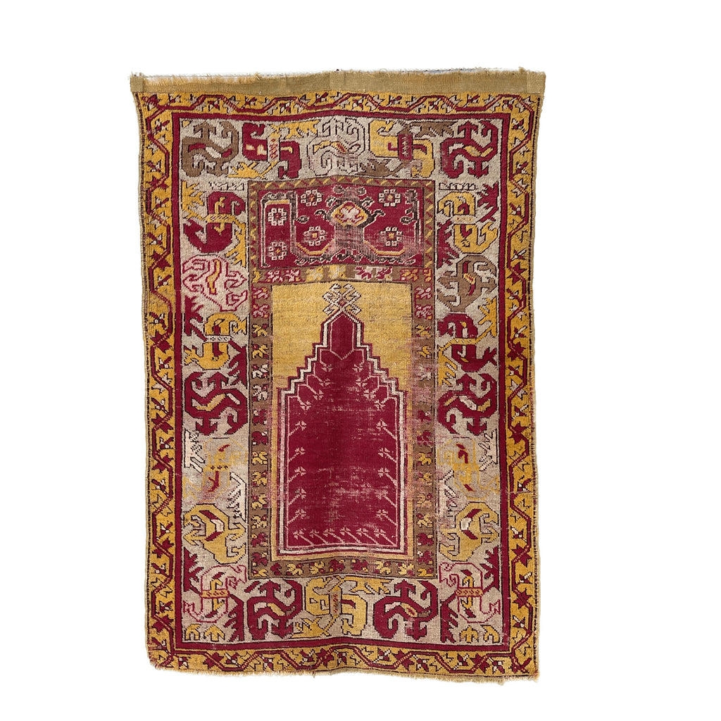 19th C. Mudjar Turkish Prayer Rug 3'-4" x 5'-0" in Red and Yellow by Antique