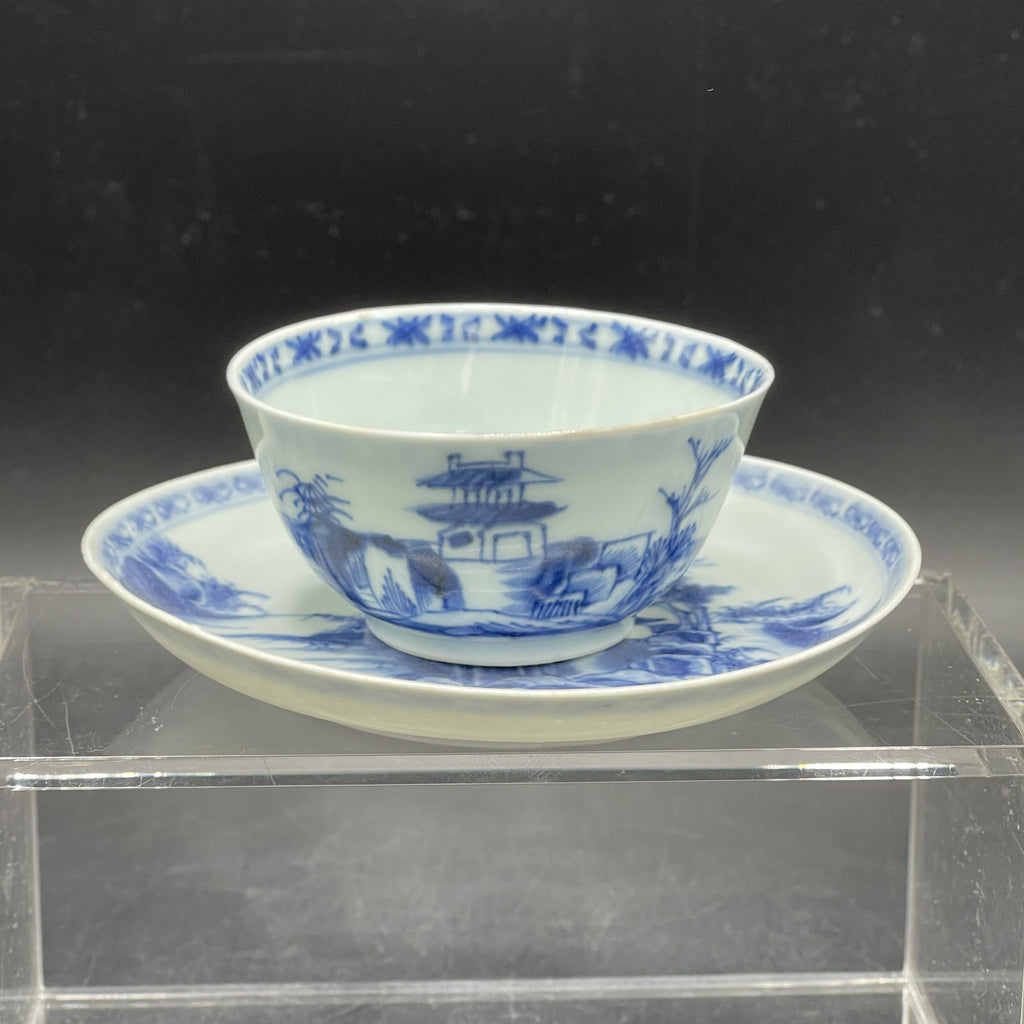 Antique 18th C. Chinese Export 'Nanking Cargo' Blue and White Tea Bowl & Saucer, c. 1750 by Room Tonic