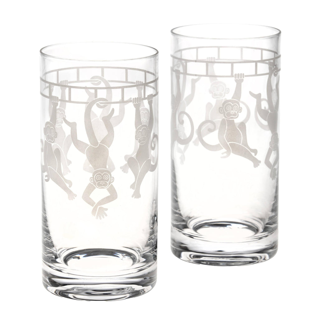Godinger - Set of Two Handmade Etched Monkey Bar Highballs by Godinger