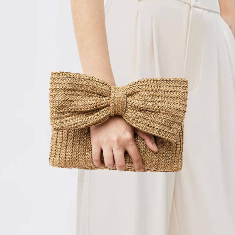 Little Trendy - Bow straw handbag small bag clutch bag women's handbag: Brown by Little Trendy