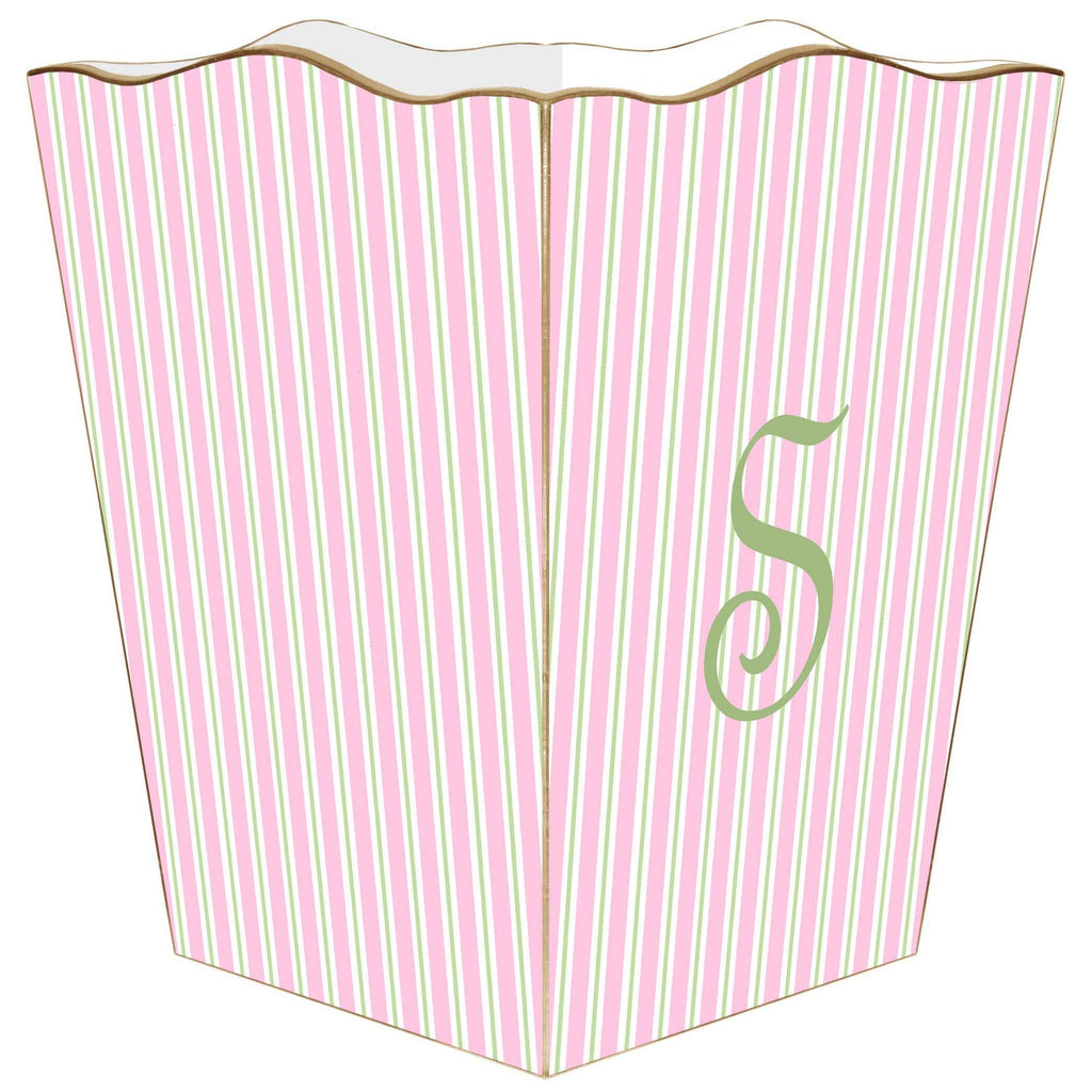 Marye-Kelley - WB1122-Pink & Green Stripe Wastepaper Basket: Scalloped Top by Marye-Kelley