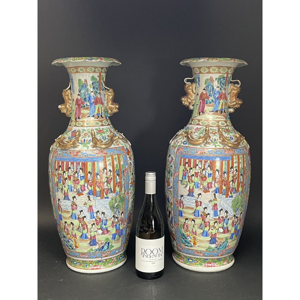 Pair of 19th C. Canton Famille Rose Mandarin Baluster Floor Vases, 24"H by Room Tonic
