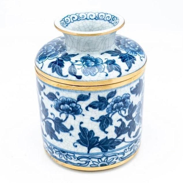 Round Tissue Holder | Blue and White Peony Blossom Porcelain Tissue Box by Dessau Home