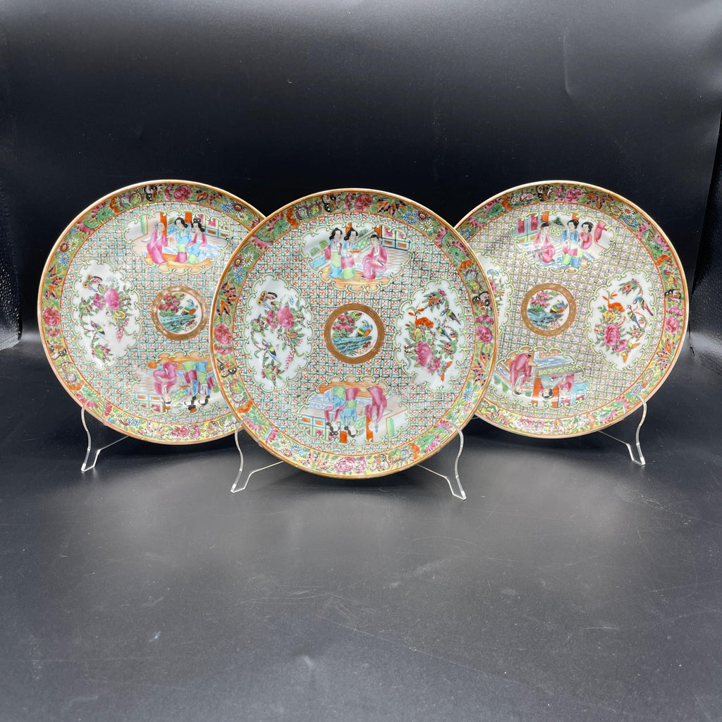 19th C. Chinese Export Canton Famille Rose Medallion 8" Inch Lunch Plates (Set of 3) by Room Tonic