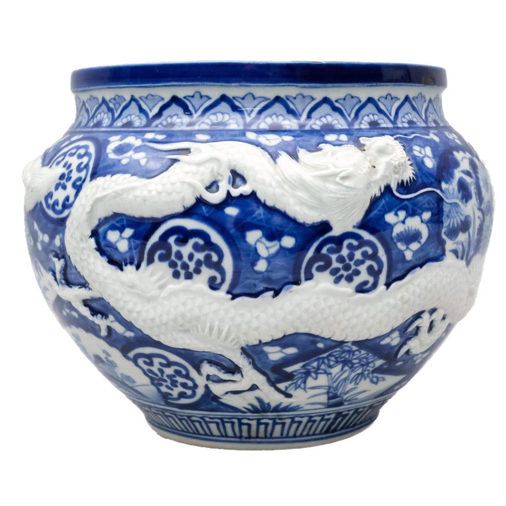 19th C. Japanese Meiji Period Blue & White Dragon Jardiniere by Room Tonic