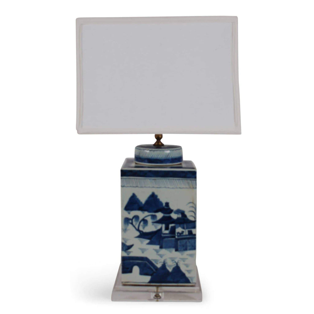 26" Blue and White Canton Square Tea Caddy Lamp by Avala