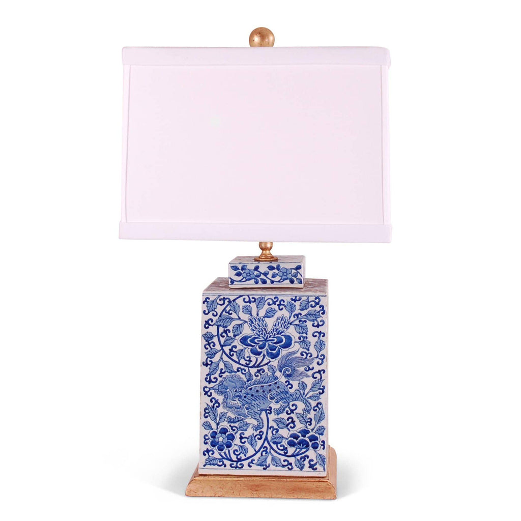 26" Blue and White Foo Dogs Square Tea Caddy Lamp by Avala