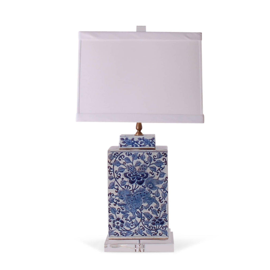 26" Blue and White Foo Dogs Square Tea Caddy Lamp by Avala