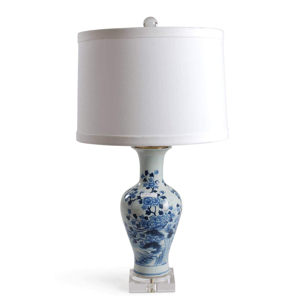 29" Blue & White Bird and Flower Lobed Vase Lamp by Avala