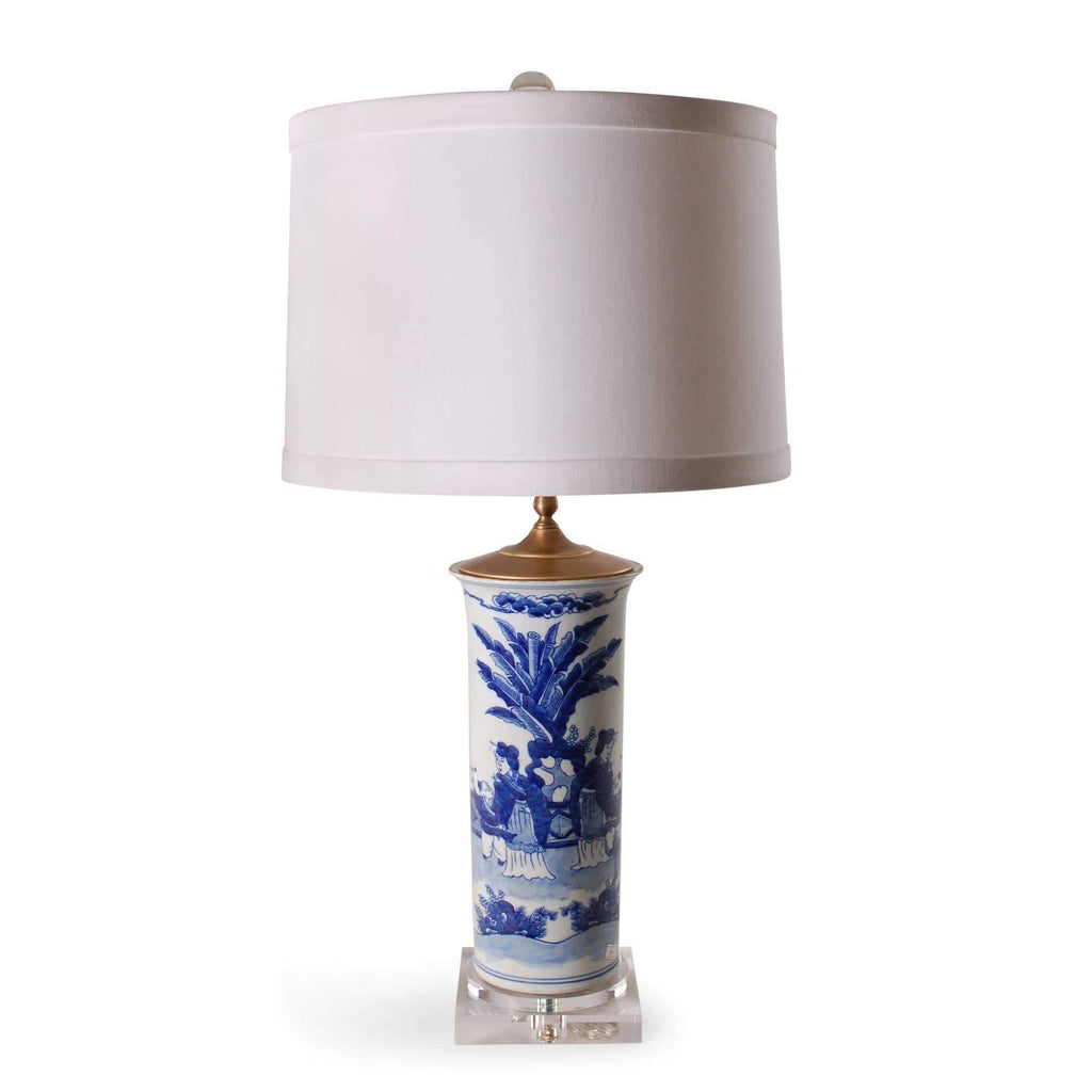 29" Blue & White Ming-Style Figures Beaker Lamp by Avala