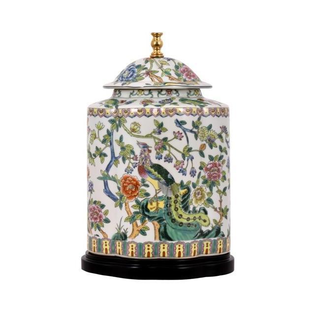 29" Famille Rose Peacock & Peony Tea Caddy Lamp by East Enterprises