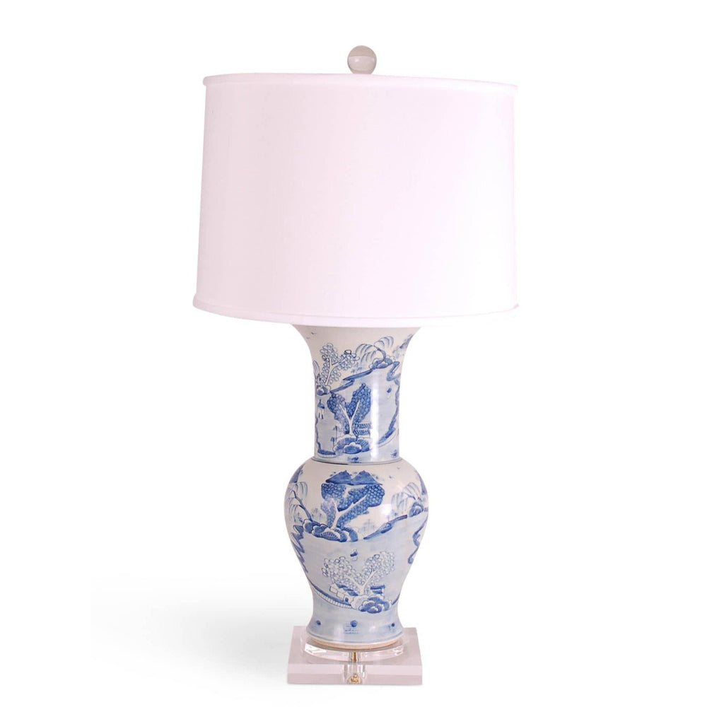 31" Blue & White Canton Phoenix-Tail Vase Lamp by Avala