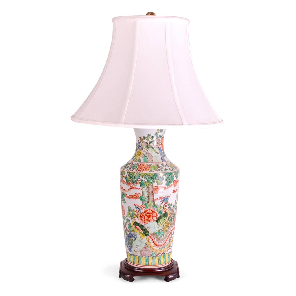 32" Famille Verte Rouleau Vase Lamp with Phoenixes & Flowers by Avala