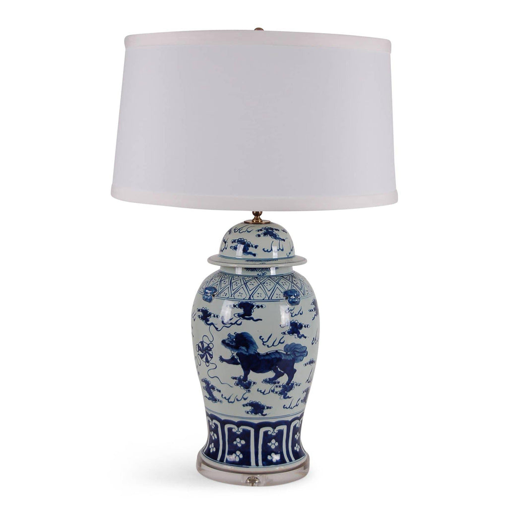 34" Blue & White Foo Lion Temple Jar Lamp by Avala