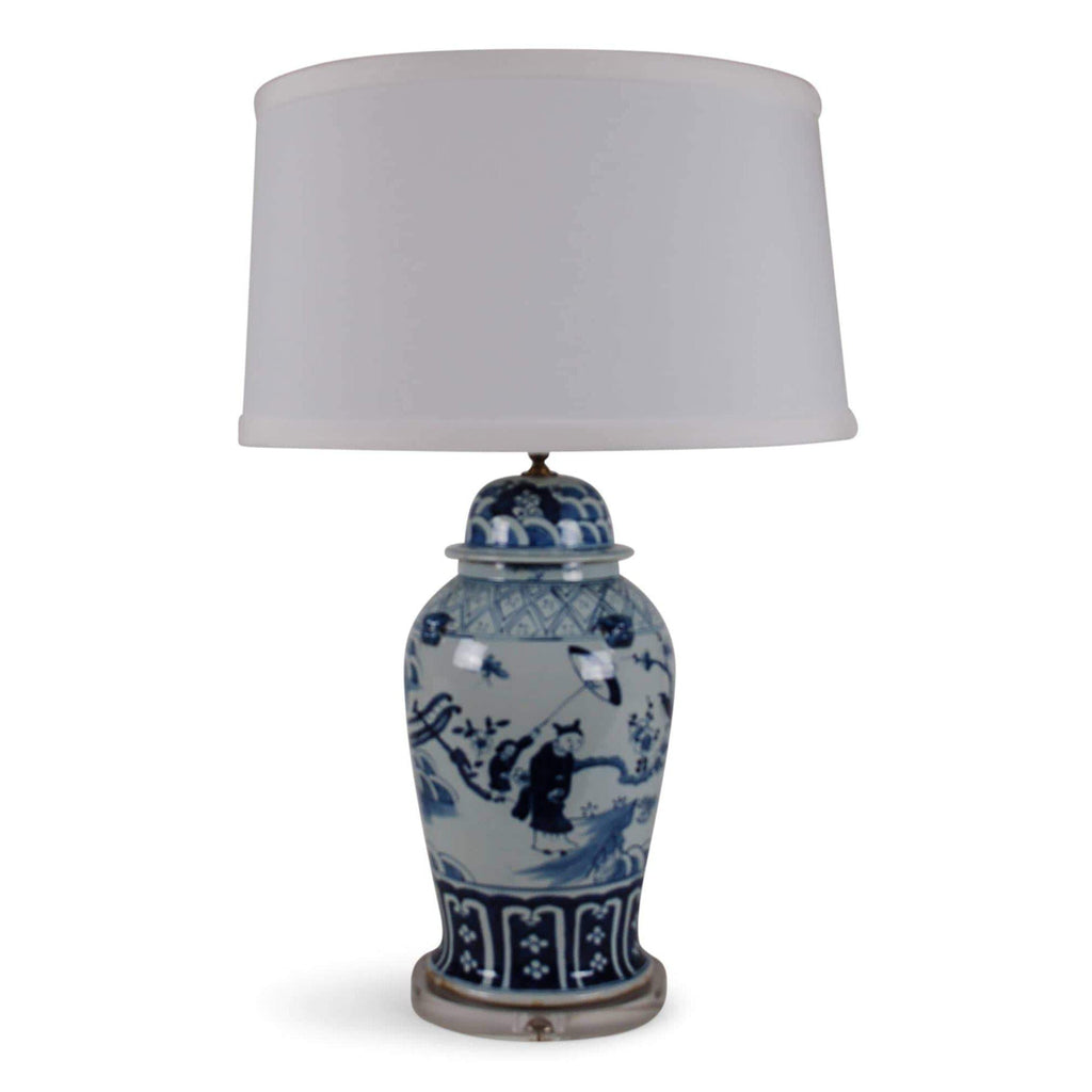 36" Blue & White Figural Landscape Temple Jar Lamp by Avala