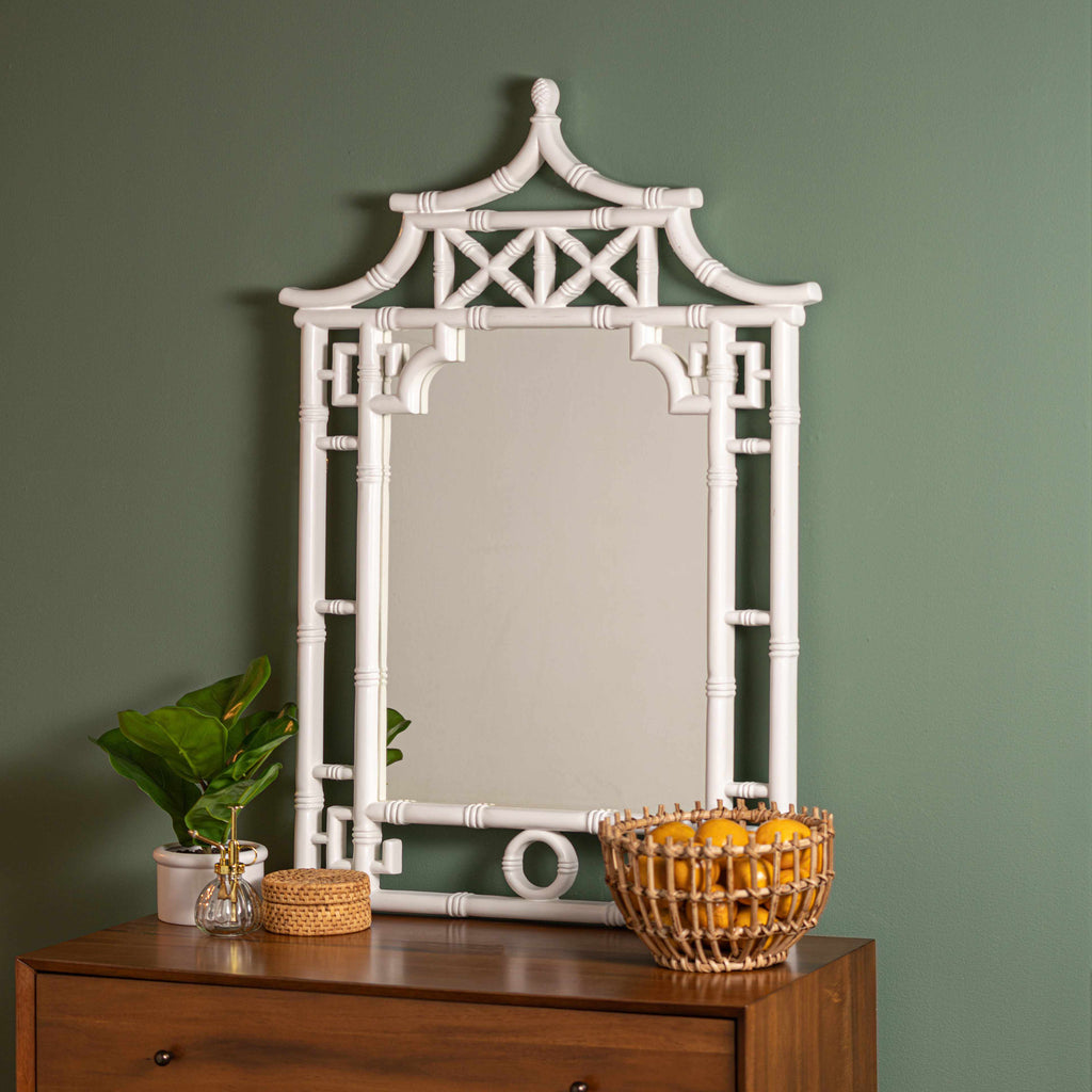 Chinoiserie Shing White Lacquered 42" Pagoda Mirror by Cooper Classics