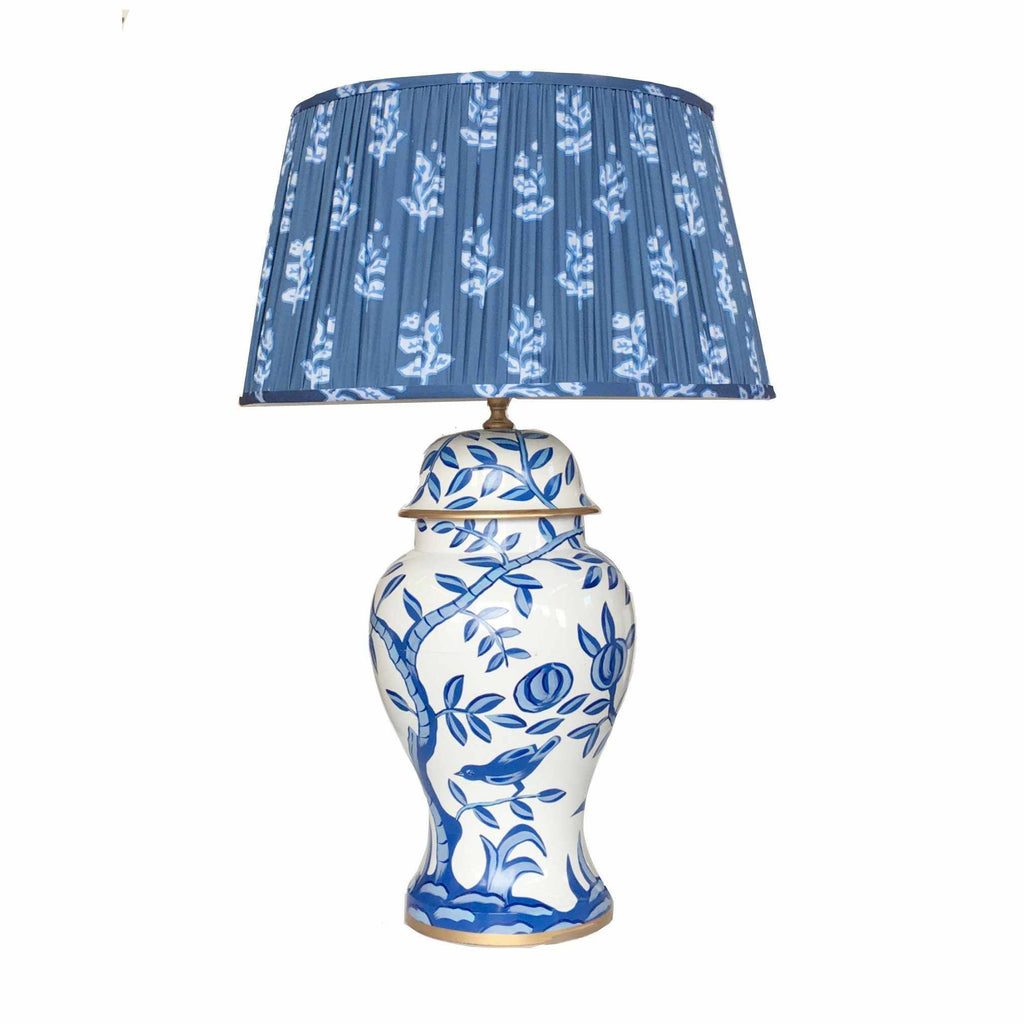 Cliveden in Blue Lamp with Custom Pleated Shade "Sprig" by Dana Gibson