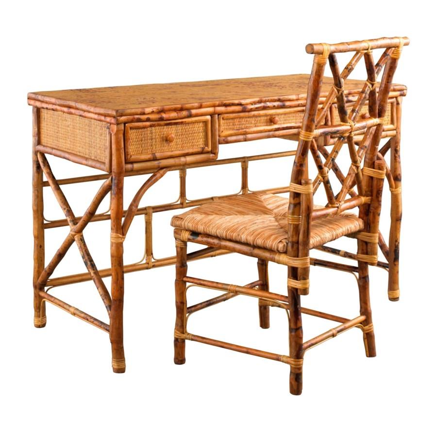 English Desk and Chair with Rush Weave Seat in Tortoise Shell Finish by Kenian Rattan Furniture