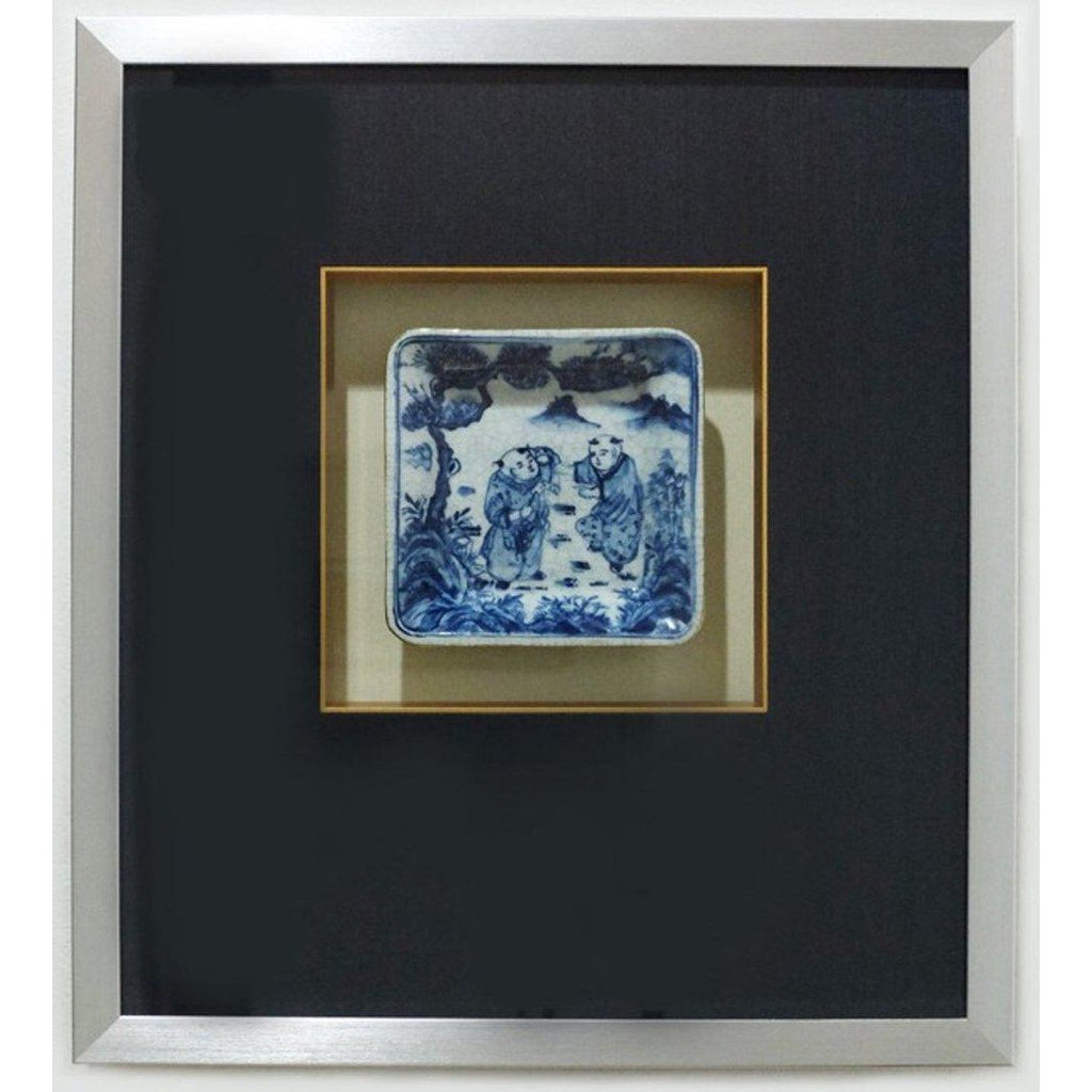 Framed Blue & White Plate with Figural Scene by Dessau Home