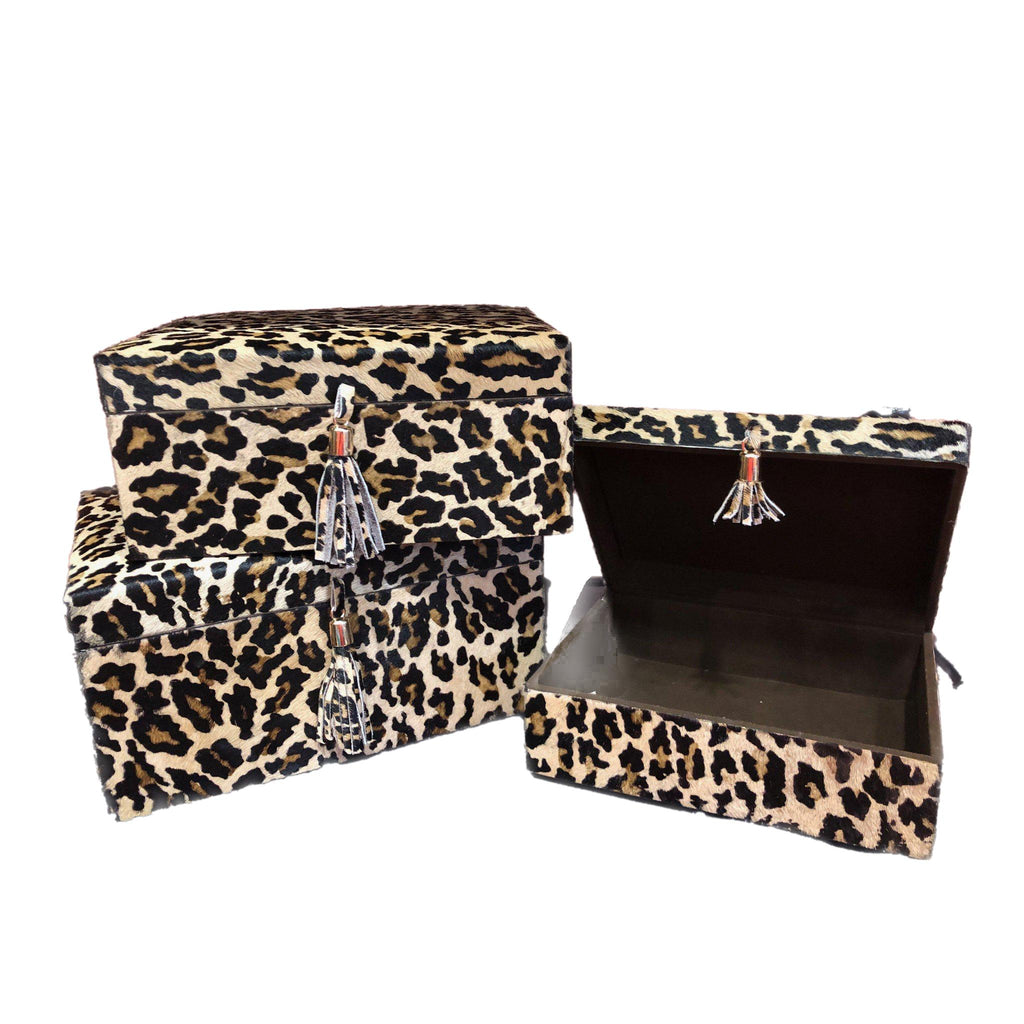 Genuine Leather Leopard Print Box with Leather Tassel - Large by Room Tonic