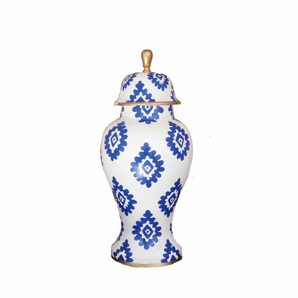 Ginger Jar, Medium 15"H with Navy Block Print on a White Ground by Dana Gibson