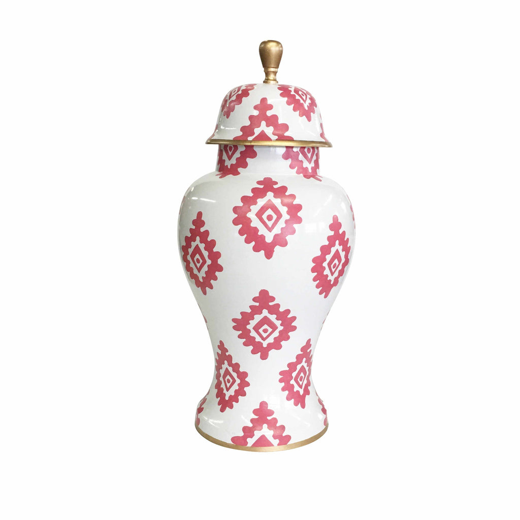 Ginger Jar, Medium 15"H with Pink Block Print on White Ground by Dana Gibson