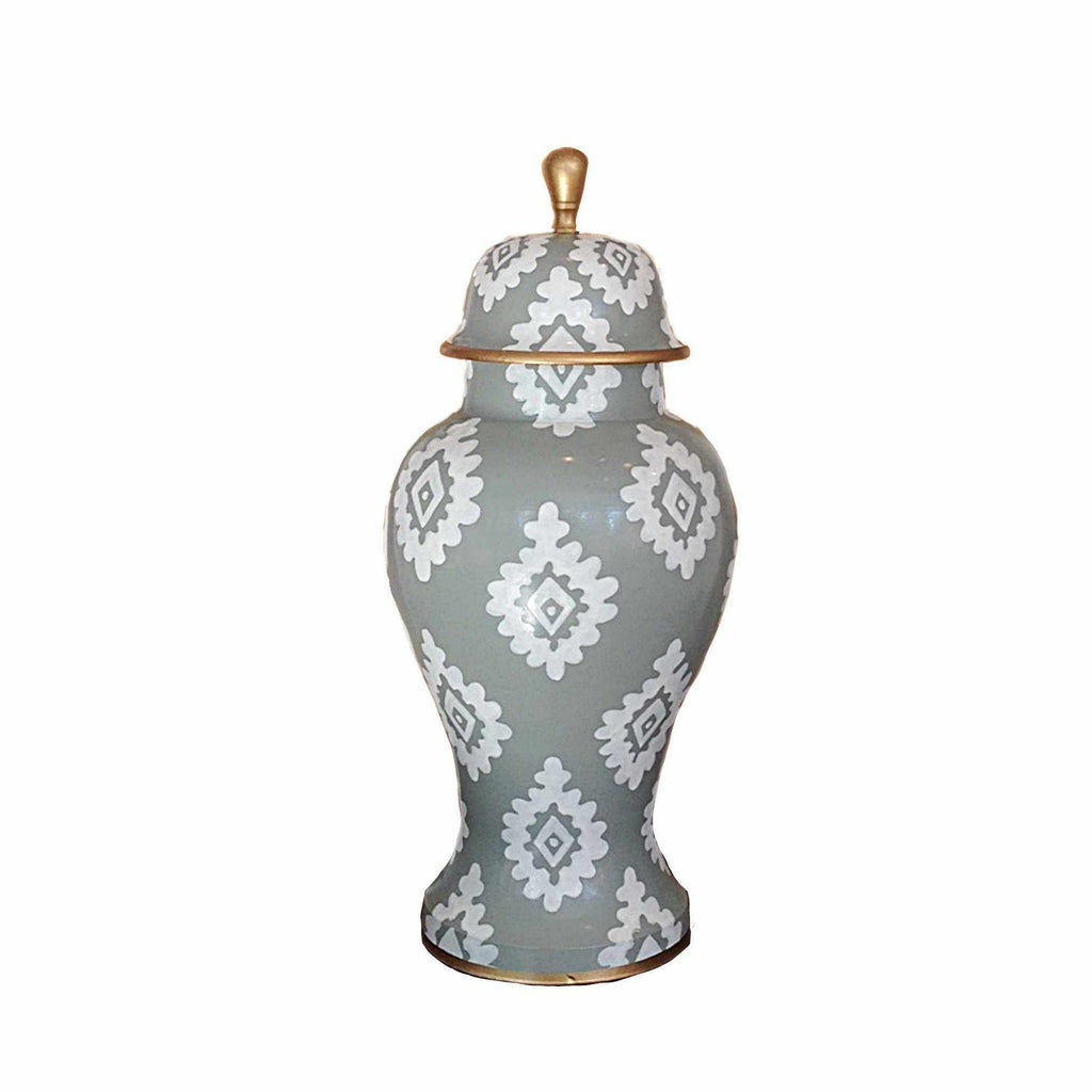 Ginger Jar, Medium 15"H with White Block Print on a Grey Ground by Dana Gibson