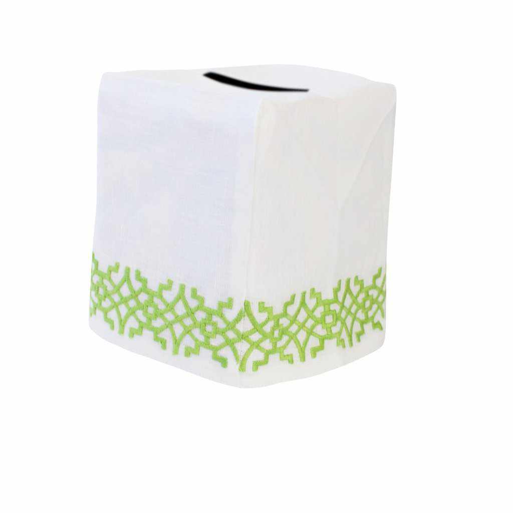 Haute Home Hand-Embroidered Linen Chinois Tissue Box Cover - GREEN by Haute Home