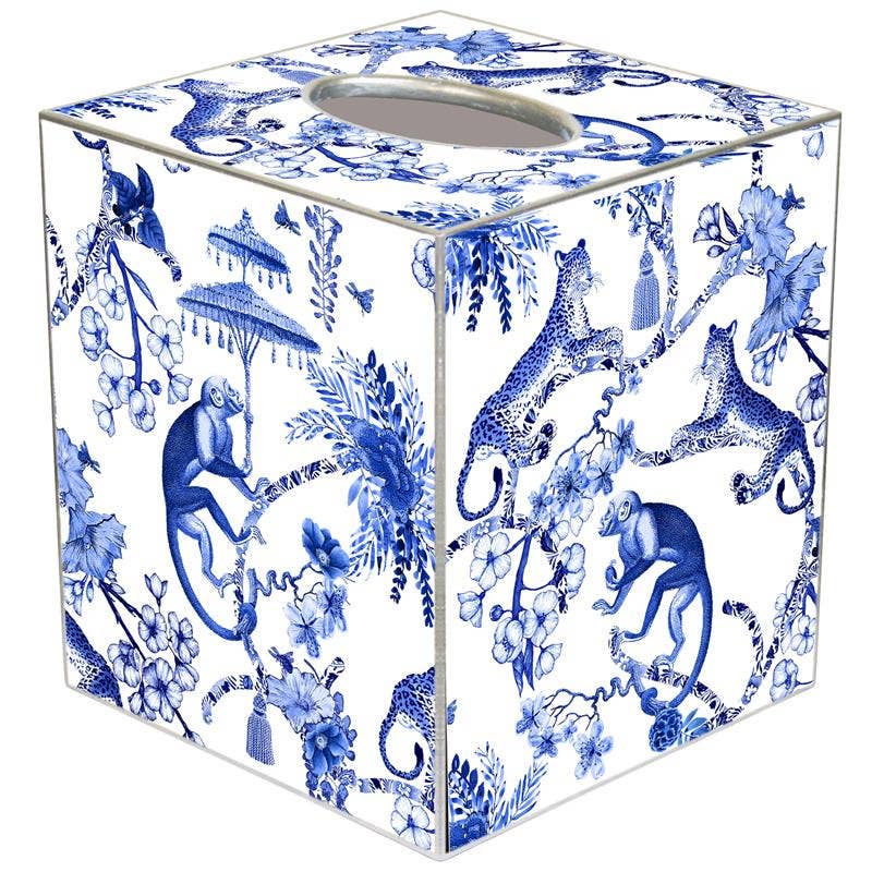 Marye-Kelley - Chic Monkey Blue & White Tissue Box Cover by Marye-Kelley