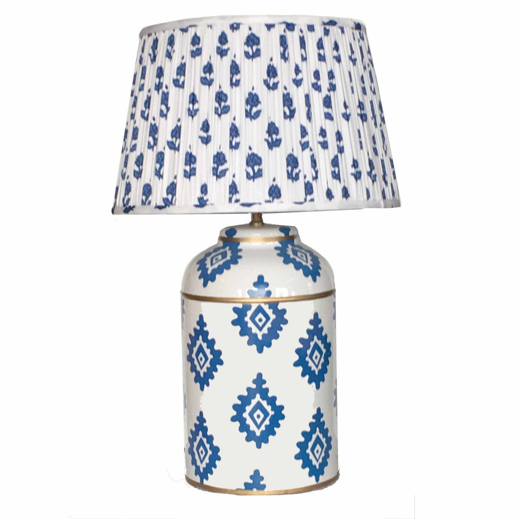 Navy Block Print Tea Caddy Lamp with Pleated Blue Fleur Shade by Dana Gibson