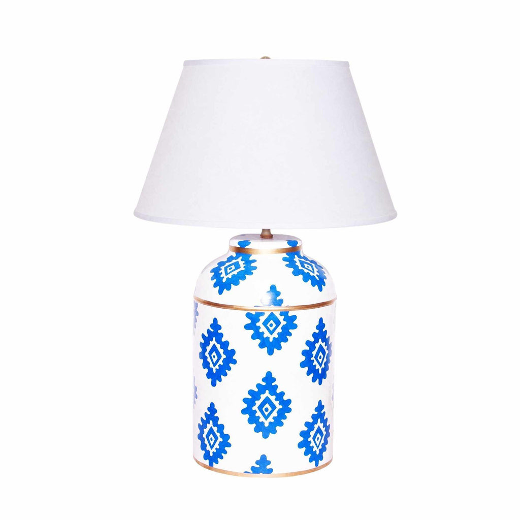 Navy Block Print Tea Caddy Lamp by Dana Gibson
