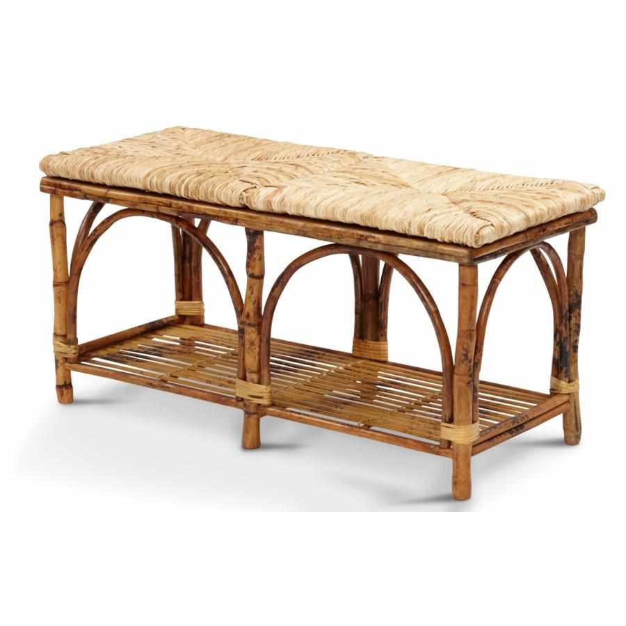 Rattan Bench with Shelf and Woven Rush Seat by Kenian Rattan Furniture
