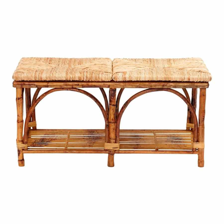 Rattan Bench with Shelf and Woven Rush Seat by Kenian Rattan Furniture