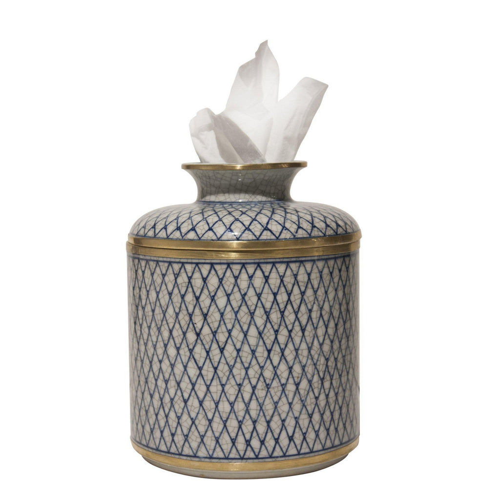 Round Tissue Holder | Blue Trellis Porcelain Tissue Box by Dessau Home