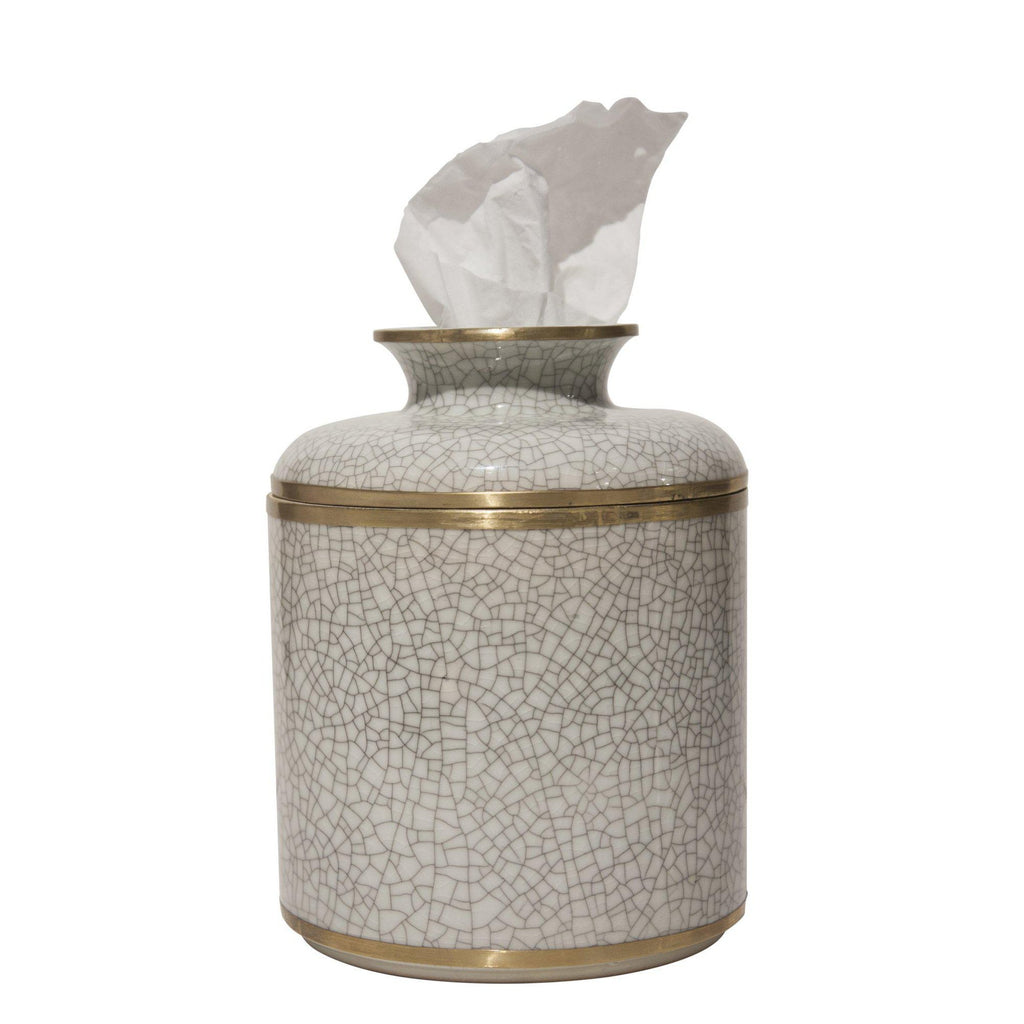 Round Tissue Box Cover | White Crackle Glaze Porcelain Tissue Holder by Dessau Home