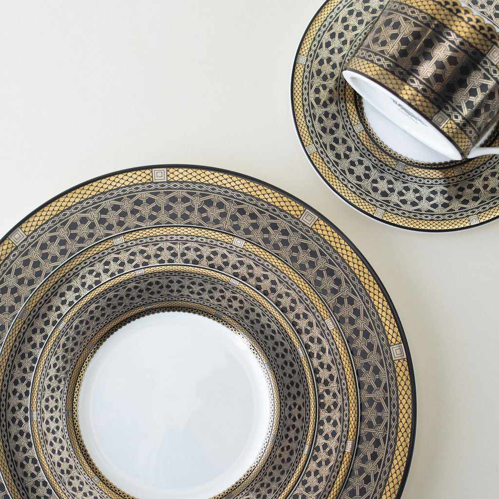 Set of (4) Hawthorne Onyx - Gold, Platinum & Black 5-Piece Place Settings by Caskata